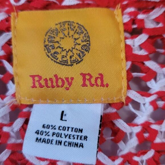 Ruby Rd. Womans Sz. L Red White Open Sweater Knit Holiday Layering Cardigan - Picture 2 of 6